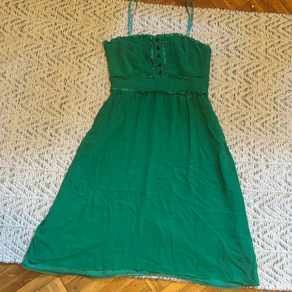 Anthropologie Silk Ruffle Green Strapless Mini Dress Women's size 0